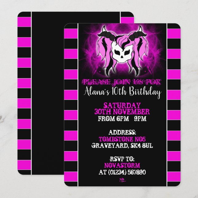 Girls Pink Skull Birthday invitations (Front/Back)