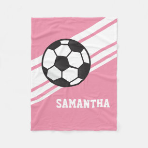 Girl's Pink Soccer Ball Sports Personalised Name Fleece Blanket