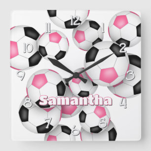 girls pink soccer sports room decor athlete name square wall clock