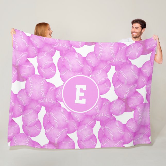 girls pink softballs pattern monogrammed fleece blanket (In Situ)