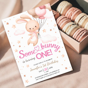 Girls Pink Some Bunny is ONE! Bunny 1st Birthday Invitation