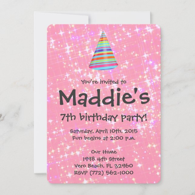 Girls Pink Sparkle 7th Birthday Party Invite (Front)