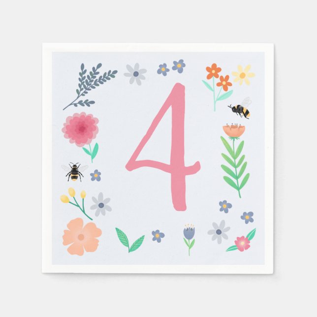 Girls Pink Spring Floral Bee Kids Birthday Napkin (Front)