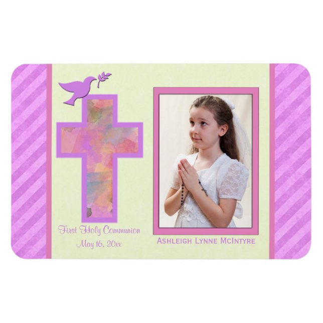 Girls Pink Striped 1st Holy Communion Photo Magnet (Horizontal)