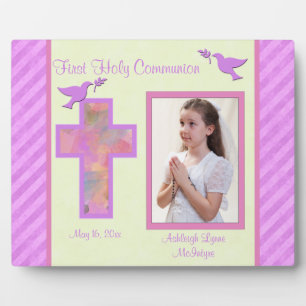 Girl's Pink Striped First Holy Comunion Plaque