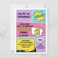 Girls Pink Superhero 5th Birthday Invitation