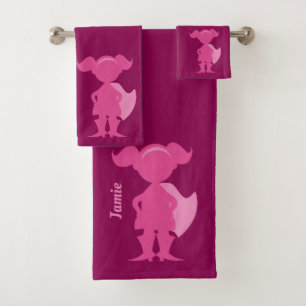 Girls Pink Superhero Silhouette Personalised Kids Bath Towel Set