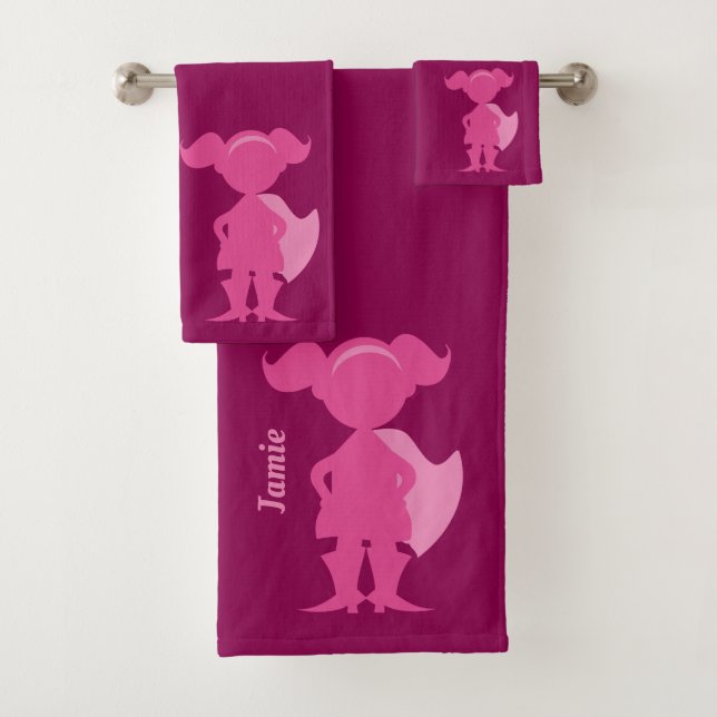 Girls Pink Superhero Silhouette Personalised Kids Bath Towel Set (Insitu)