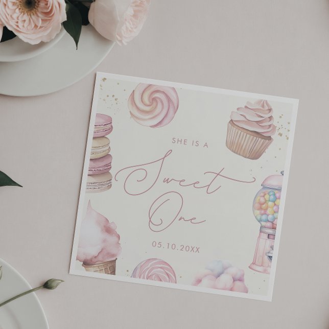 Girls' Pink Sweet One Candy Ice Cream 1st Birthday Napkin (Creator Uploaded)