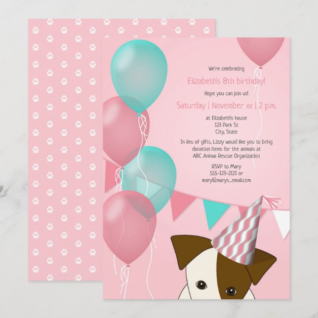 girls pink teal balloons puppy birthday party invitation (Front/Back)