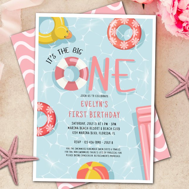 Girls Pink The Big One Beach Club 1st Birthday Invitation (Creator Uploaded)