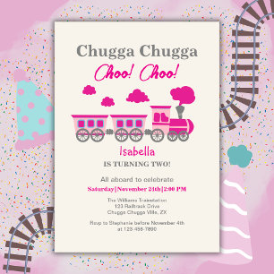 Girls Pink Train 2nd Birthday Party Invitation