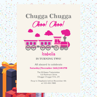 Girls Pink Train 2nd Birthday Party Invitation