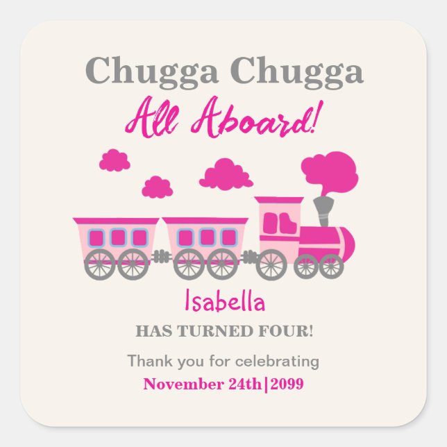 Girls Pink Train Any Age Birthday Party Square Sticker (Front)