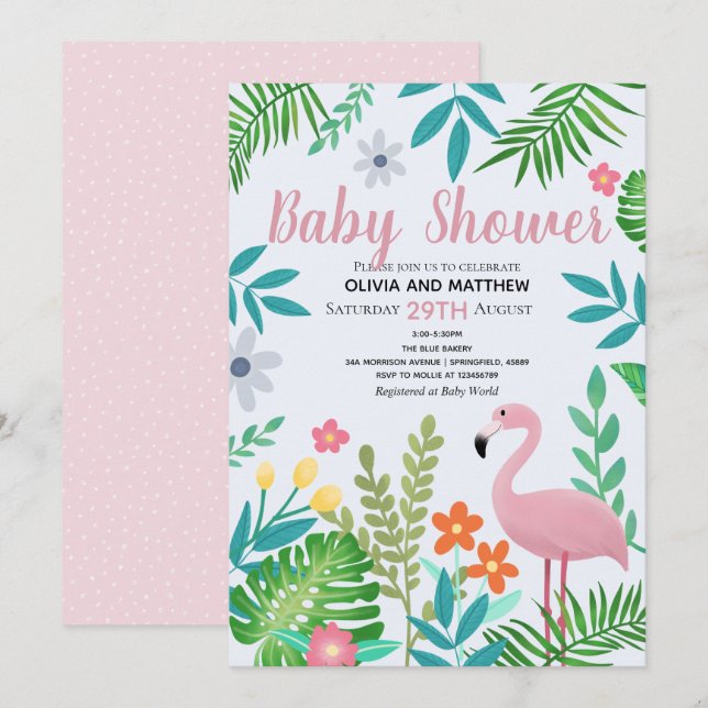 Girls Pink Tropical Jungle Flamingo Baby Shower Invitation (Front/Back)