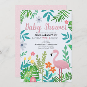 Girls Pink Tropical Jungle Flamingo Baby Shower Invitation