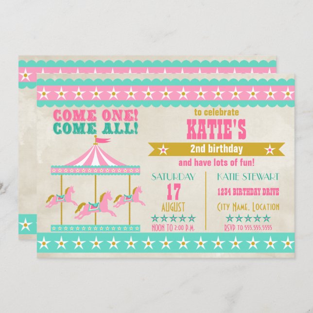 Girl's Pink Turquoise Gold Carousel Party Invitation (Front/Back)