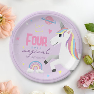 Girls Pink Unicorn Four Ever Magical 4th Birthday Paper Plate