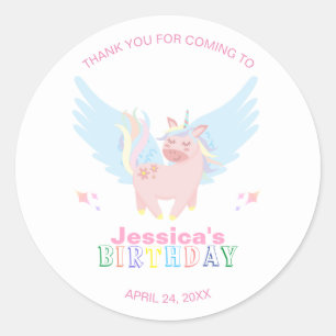 Girls Pink Unicorn Magical Day Birthday Party Classic Round Sticker