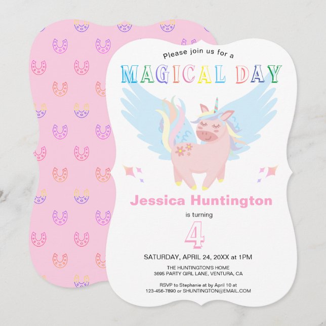 Girls Pink Unicorn Magical Day Birthday Party Invitation (Front/Back)
