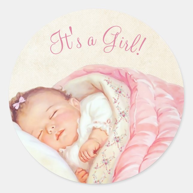 Girls Pink Vintage Baby Shower Classic Round Sticker (Front)