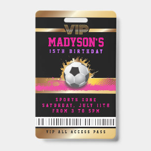 Girls Pink VIP SOCCER ALL ACCESS Gold Pass Badge ID Badge