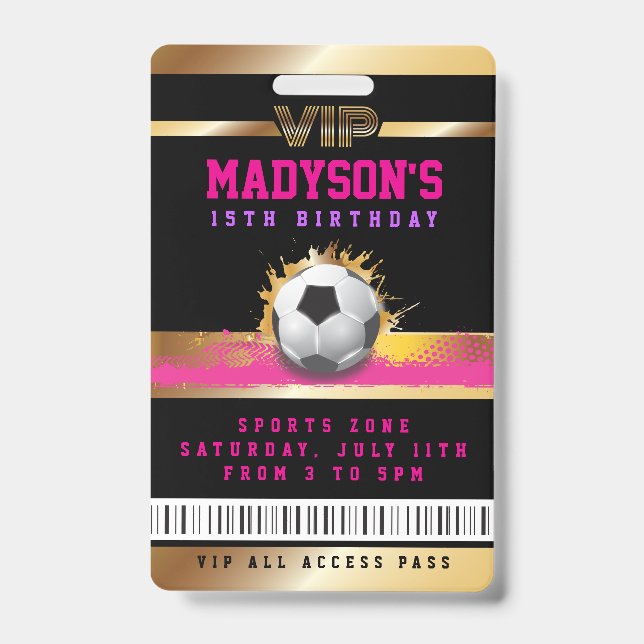 Girls Pink VIP SOCCER ALL ACCESS Gold Pass Badge ID Badge (Front)