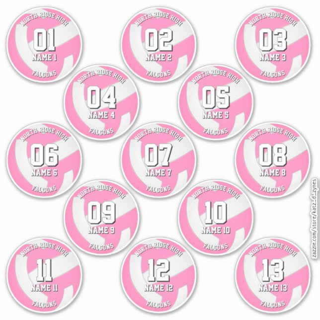 girls pink volleyball team stickers 13 athletes (Front)