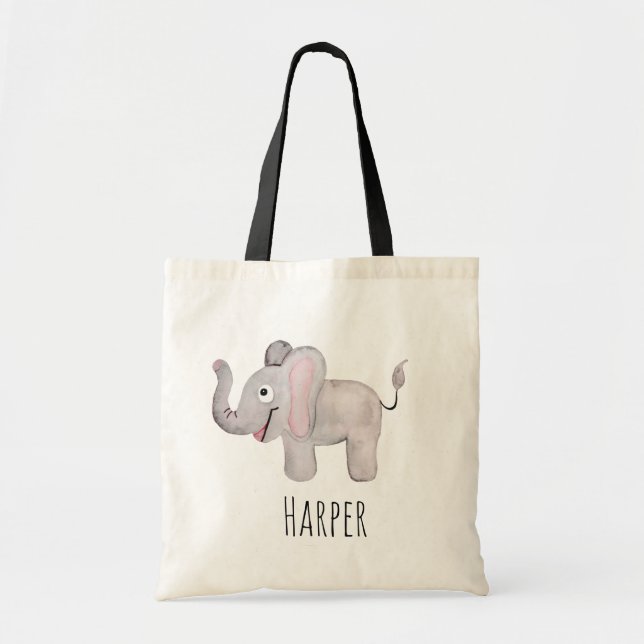 Girl's Pink Watercolor Baby Elephant Safari Name Tote Bag (Front)