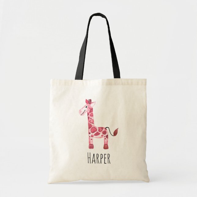 Girl's Pink Watercolor Baby Giraffe Safari Name Tote Bag (Front)