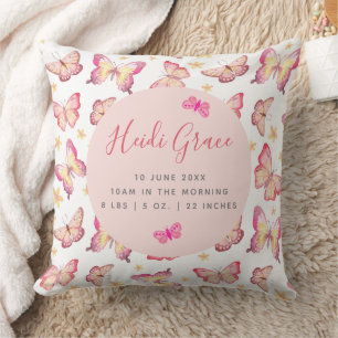 Girls Pink Watercolor Butterfly Floral Birth Stats Cushion