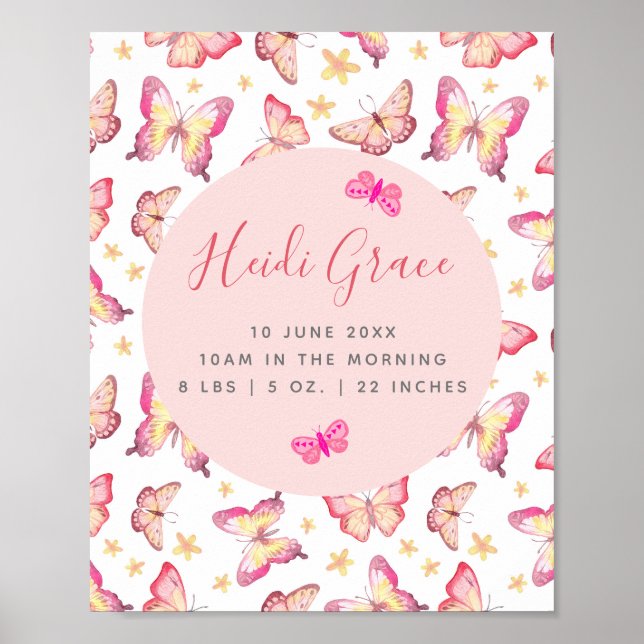 Girls Pink Watercolor Butterfly Floral Birth Stats Poster (Front)
