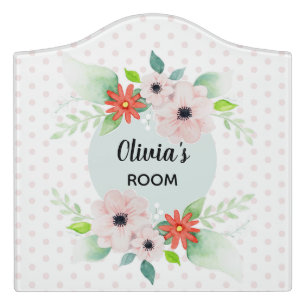 Girls Pink Watercolor Flowers Floral Kids Nursery Door Sign
