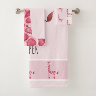 Girl's Pink Watercolor Giraffe Safari Baby/Child's Bath Towel Set