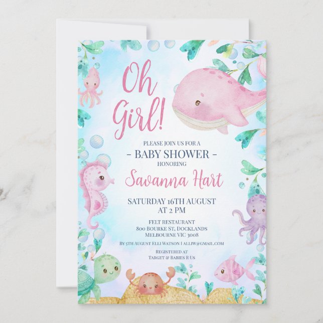 Girls Pink Whale Under the Sea Baby Shower Invitation (Front)