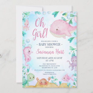 Girls Pink Whale Under the Sea Baby Shower Invitation