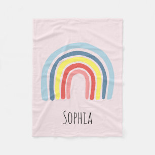 Girls Pink Whimsical Boho Rainbow and Name Kids Fleece Blanket