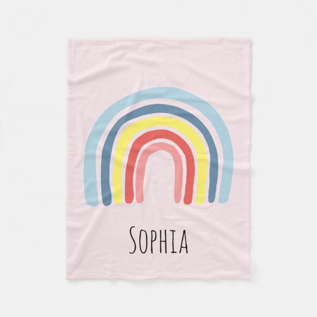 Girls Pink Whimsical Boho Rainbow and Name Kids Fleece Blanket (Front)