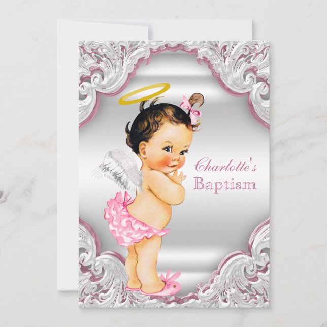 Girls Pink White Angel Girl Baby Baptism Invitation (Front)