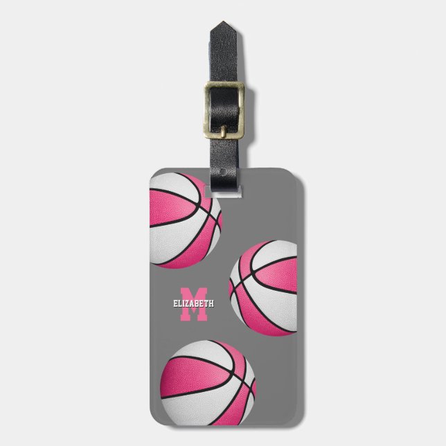 girls pink white basketball travel bag luggage tag (Front Vertical)