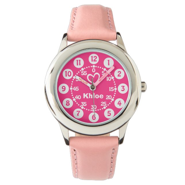 Girls pink & white short name wrist watch (Front)