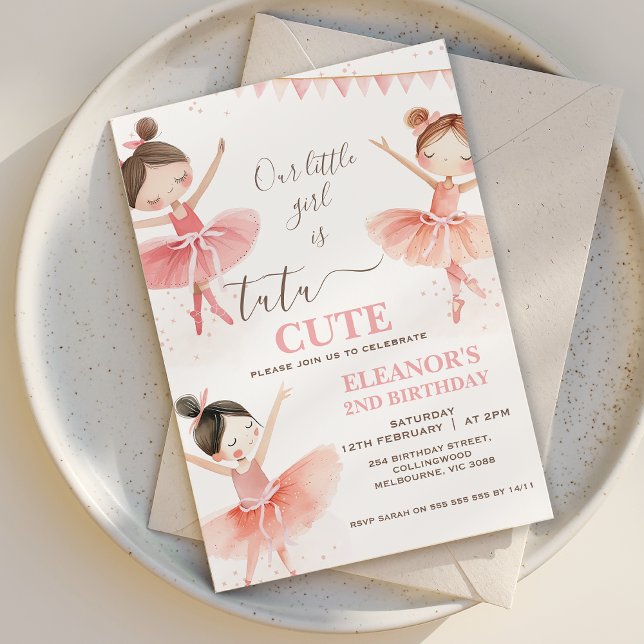 Girls Pink White Tutu Ballerina 2nd Birthday Invitation (Tutu Cute 2nd Birthday Invitation Template Ballerina Birthday Invitation Ballet Second Birthday
)