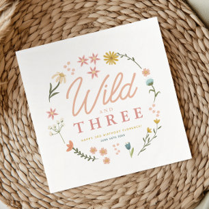 Girls Pink Wild and Three Wildflower 3rd Birthday Napkin