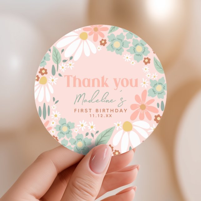 Girls Pink Wildflower Daisy 1st Birthday Favour Classic Round Sticker (Creator Uploaded)