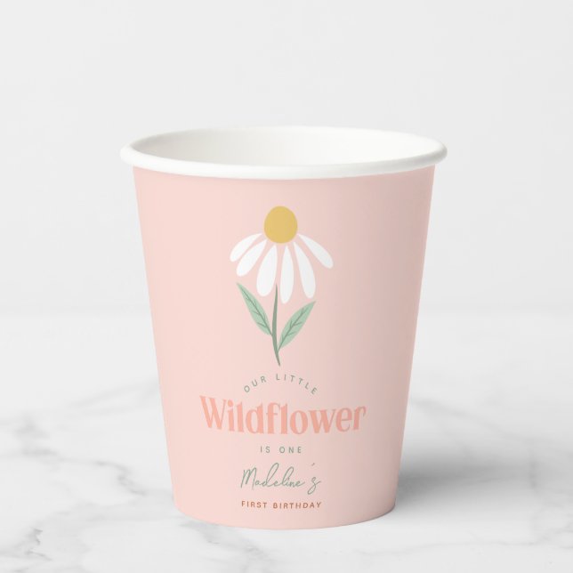Girls Pink Wildflower Daisy Kids Birthday Paper Cups (Front)