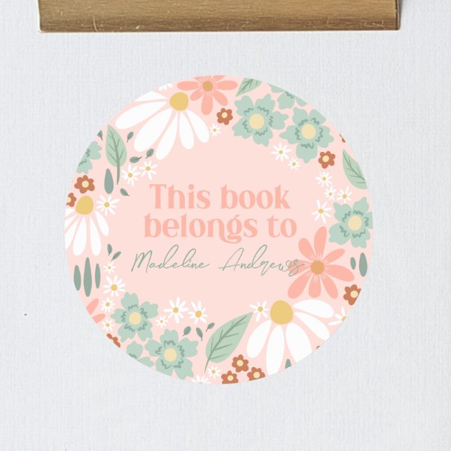 Girls Pink Wildflower Daisy School Bookplate Classic Round Sticker (Creator Uploaded)