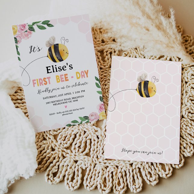 Girls Pink Yellow Bee First Bee-Day 1st Birthday Invitation (First Bee-Day 1st Birthday Invitation Template Baby Girl,  Floral, Bee Themed 1st Birthday Invite)