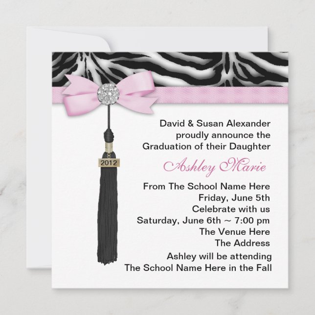 Girls Pink Zebra Graduation Announcements (Front)