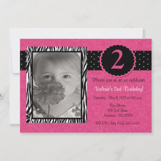 Girls Pink Zebra Personalised Birthday Invitation