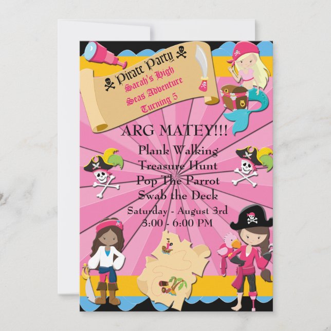 Girls Pirate Adventure Birthday Party Invite (Front)